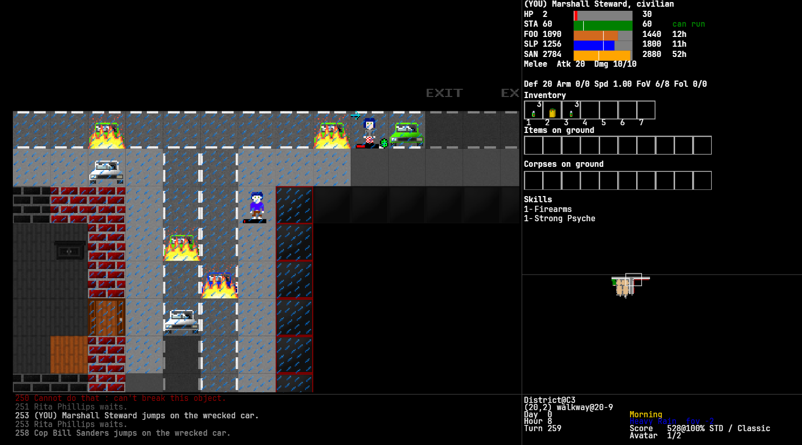 Gameplay screenshot drawn with the Classic sprite set: the original Rogue Survivor artwork.
