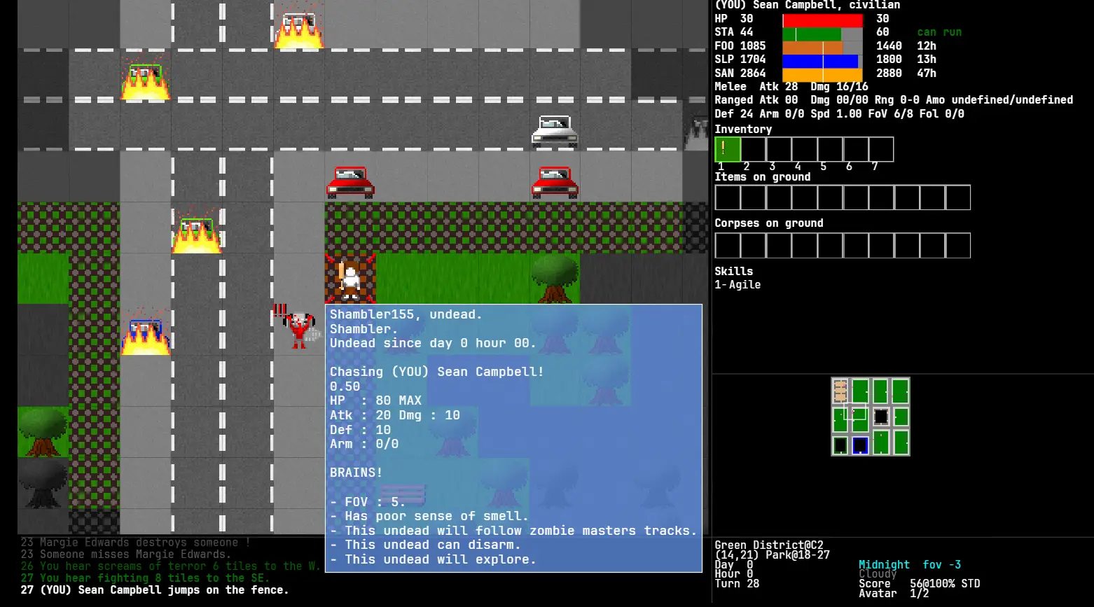 Gameplay screenshot of Rogue Survivor Reloaded, zoomed in, with the stats of an undead shambler open on hover.